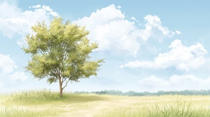 Obraz premium Serene landscape, a solitary tree in vast field under vibrant blue sky