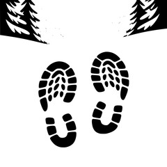 Woodland Journey: A bold, monochrome illustration depicts a pair of boot prints in the snow, framed by stylized pine trees, suggesting a winter hike.