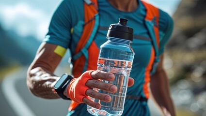Endurance Athlete Wearing an Orange Running Vest and Grey Shirt Sprinting Along a Scenic Countryside Road
