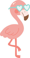 Cute pink flamingo wearing heart shaped sunglasses, standing on one leg, exuding playful and cheerful vibe. Perfect for summer themed designs or tropical illustrations