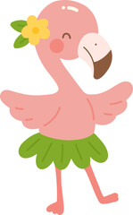 Cute pink flamingo wearing green skirt and flower accessory, exuding cheerful and playful vibe. This whimsical character is perfect for tropical themed designs and children illustrations