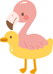 Cute cartoon illustration of pink flamingo standing on top of yellow duck. flamingo has playful expression, while duck appears cheerful. This whimsical design is perfect for children themes