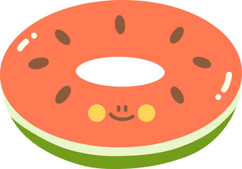 Obraz premium Cute cartoon donut with smiling face, featuring pink frosting and green base. This whimsical design is perfect for children themes, food illustrations, or playful graphics
