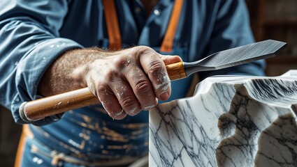Artisan’s Hands Carving Grey Stone Block in Warmly Lit Studio, Showcasing Timeless Craftsmanship