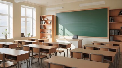Bright and Clean Classroom Interior with Desks Chalkboard and Bookshelf for Learning