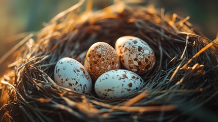 A nest containing four speckled eggs rests on a bed of straw. Organic farming and sustainable living in a rural setting