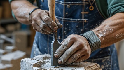 Hands of a Stonemason Using Chisel on Textured Grey Stone in a Realistic, Documentary-Style Composition