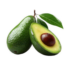 A ripe avocado, halved, showing seed, with another intact, and green leaves against a black background