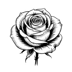 Rose Bloom: A detailed monochrome line art illustration of a rose, capturing its elegant petals and delicate stem with exquisite hatching.