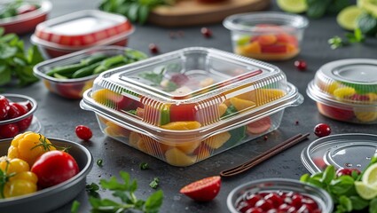 High-Angle View of Packaged Gourmet Meals in Clear Plastic Trays with Fresh Vegetables and Cooked Proteins