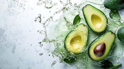 Fresh Avocado with Green Water Splash on White Background, Fresh and Healthy