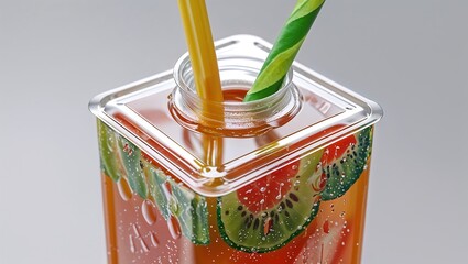 Close-Up of a Square Glass Jar with Orange Juice, Fresh Kiwi and Strawberry Slices, and Colorful Straws on a Minimalist Grey Background