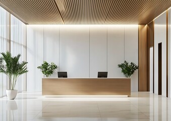 Modern Luxury Reception Desk in Bright Office Lobby with Wooden Panels, White Flooring, and Indoor Greenery Creating a Welcoming Environment

