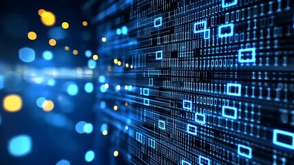 Abstract digital data visualization with blue binary code and glowing particles in a futuristic setting - Powered by Adobe