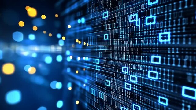 Abstract digital data visualization with blue binary code and glowing particles in a futuristic setting