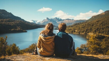 Romantic couple enjoying scenic mountain views near bariloche in patagonia, argentina, surrounded by majestic peaks, clear blue sky, and serene natural landscape during a peaceful outdoor adventurelan