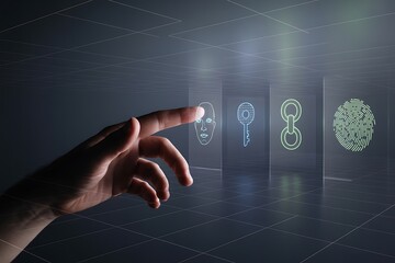 Human finger touching digital face recognition icon with key and fingerprint symbols human hand digital interface