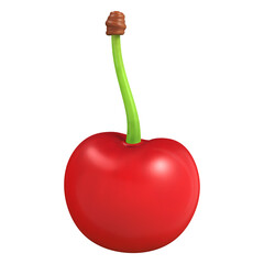 A perfectly rendered 3D cherry with a vibrant red, glossy skin and a slender green stem stands upright.