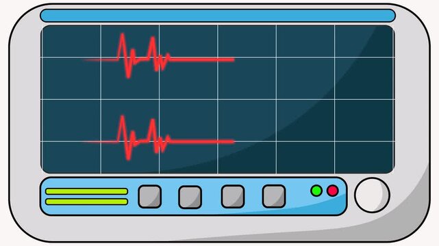 Looping animation of a cartoon EKG monitor showing a heart rate. ECG pulse wave display is perfect for medical, health, and hospital concepts.