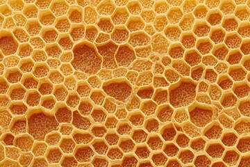 Close-up of a honey cell structure, showcasing its intricate detail. The natural pattern of hexagonal cells reveals the beauty of nature's architecture.