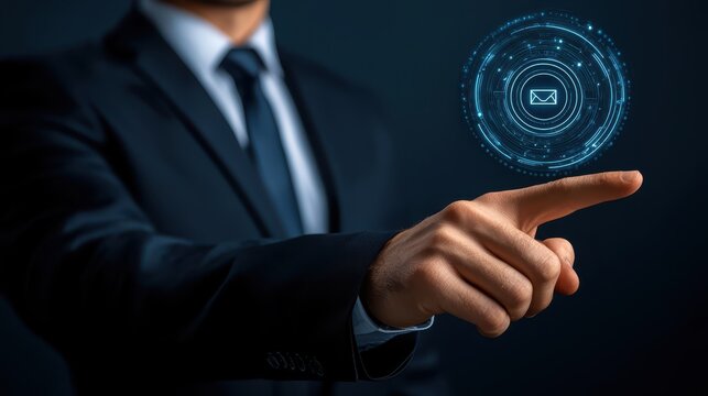 Man in suit activates glowing blue button, initiating a technological action