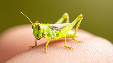 Fototapeta premium Macro Grasshopper on Finger, Detailed Insect Close-Up