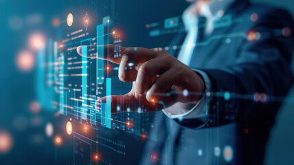 Person interacts with digital interface displaying data and graphs, symbolizing futuristic technology
