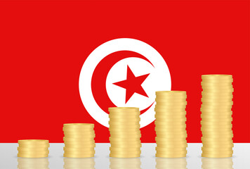 Tunisia Economy. Flag of Tunisia with Coin Stack. Financial and Investment Concept. Vector Illustration.  