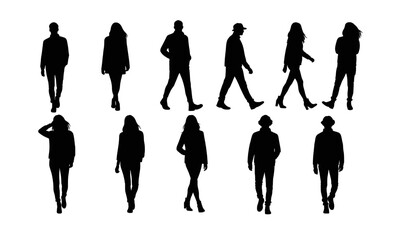 Silhouettes of Casual People Walking Casual male and female figures in mid-step shown in relaxed poses. Great for lifestyle, everyday movement, or urban setting visuals