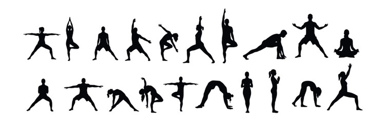 Dancing and Yoga Pose Silhouettes in Motion Expressive figures in dance and yoga-inspired positions. Ideal for wellness, performance, or active lifestyle illustrations