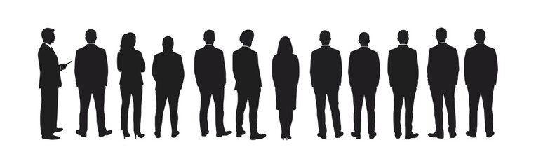 Crowd of Business man and woman People Silhouettes in Standing Positions A diverse group of individuals standing still in a side-facing silhouette. Great for society, or teamwork, company, work