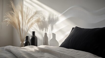 Bedroom interior with sunlight and pampas grass