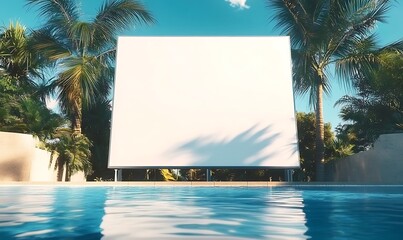 Blank Outdoor Cinema Screen by Luxury Pool Surrounded by Palm Trees in Tropical Paradise for Summer Movie Nights or Advertisement Mockup

