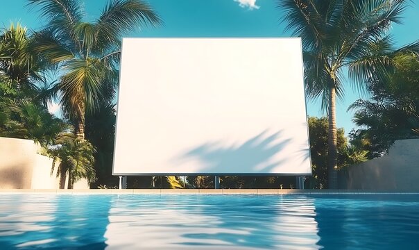 Blank Outdoor Cinema Screen by Luxury Pool Surrounded by Palm Trees in Tropical Paradise for Summer Movie Nights or Advertisement Mockup

