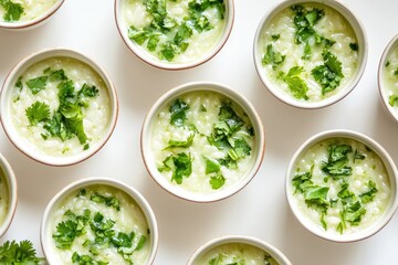 Small, individual bowls of creamy risotto topped with fresh cilantro, arranged in a grid pattern on a white surface