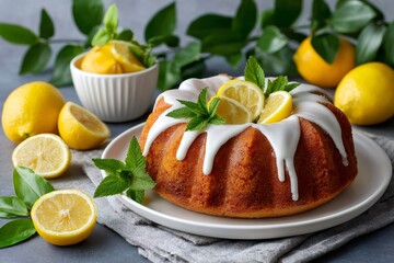 Delicious lemon bundt cake with icing and mint leaves is waiting to be eaten
