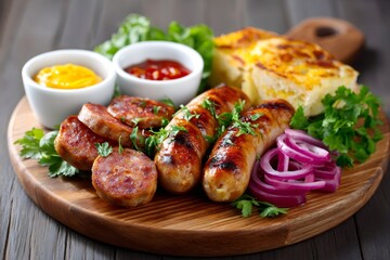Grilled sausages and sliced chorizo with red onion, mustard, ketchup and parsley on wooden cutting board