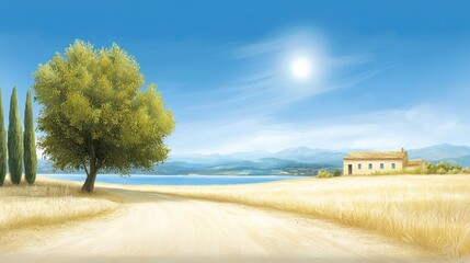 Obraz premium Picturesque country road leading to a charming house, serene landscape painting