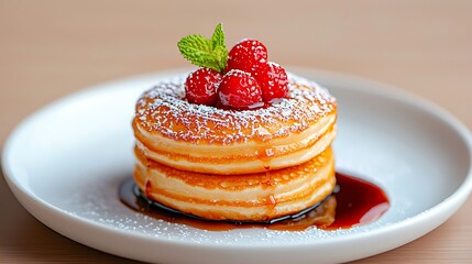 Delicious stack of pancakes topped with fresh raspberries and mint