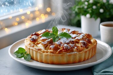 Steaming apple pie with mint leaves on white plate by the window in winter