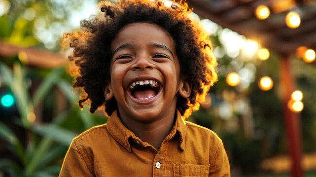 A joyful young boy with curly hair laughs openly outdoors in warm, golden light.  The background is blurred, suggesting a patio or garden setting with string lights. He wears a mustard yellow shirt