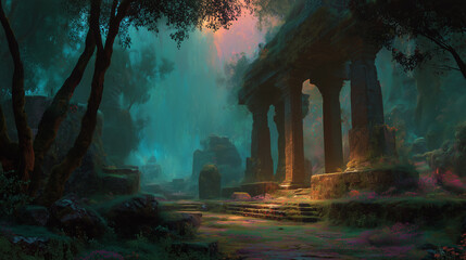 Fantasy illustration depicting mystical ancient ruins hidden deep within a lush, enchanted jungle, illuminated by soft magical lighting. Ideal for fantasy-themed games, animations, storytelling