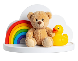  Close Up of Kids Toys Grouped on Minimalist Cloud Shelf isolated on transparent background PNG