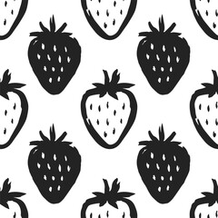 Strawberries seamless pattern of hand-drawn black berry shapes white background. Modern brushstroke fruit texture. Fabric, nature food, endless print illustration.
