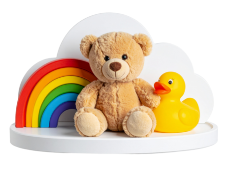  Close Up of Kids Toys Grouped on Minimalist Cloud Shelf isolated on transparent background PNG