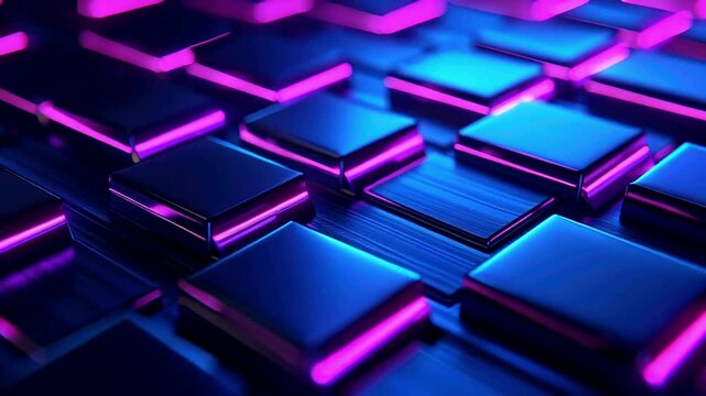 Futuristic abstract neon grid with glowing tiles