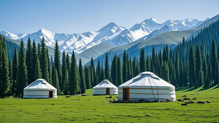 Grassland with yurts, snow-capped mountains, tourism scenery