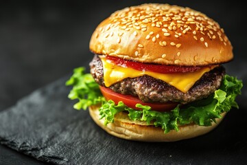 Close-up of a single cheeseburger on a dark slate plate
