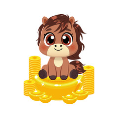 Cute horse mascot with gold ingot and coins Chinese new year 2026