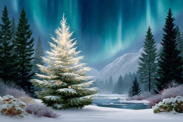 Glowing Christmas tree illuminating snowy winter landscape under Northern Lights